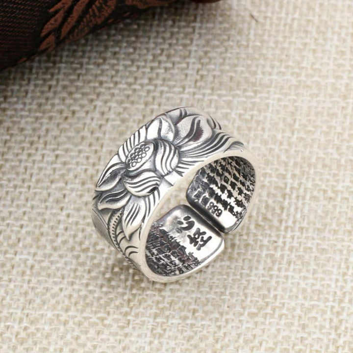 Buddha Stones 999 Sterling Silver Lotus Symbol Heart Sutra Protection Ring