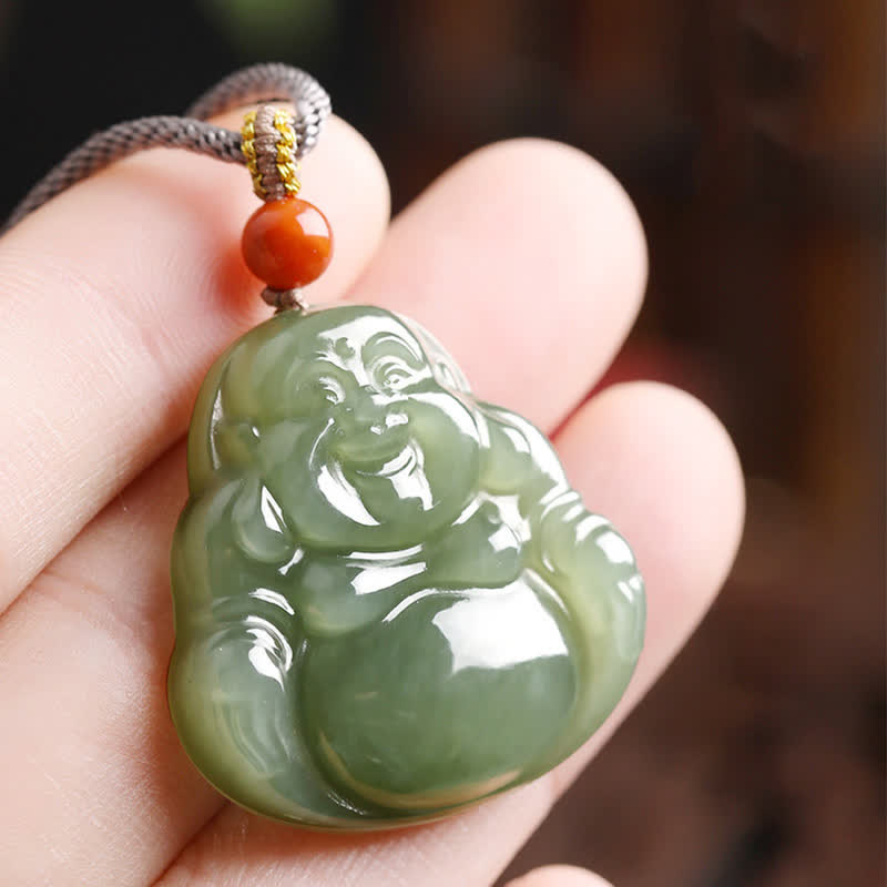 Laughing Buddha Hetian Jade Abundance Necklace String Pendant