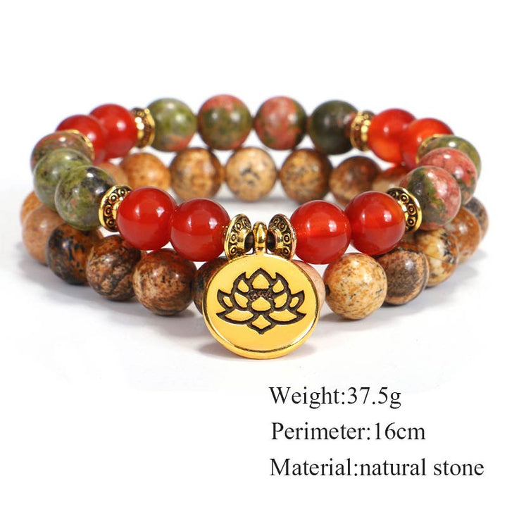 Buddha Stones Tibetan Picture Jasper Positive Lotus Bracelet Set