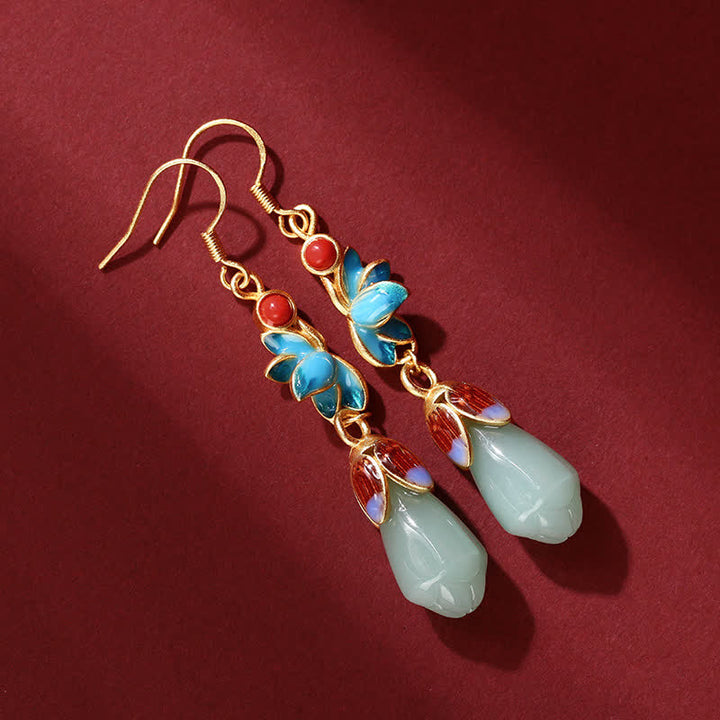 Magnolia Flower Jade Pattern Luck Prosperity Drop Dangle Earrings