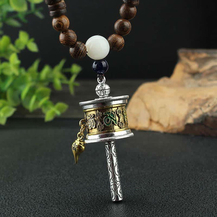 Buddha Stones Tibetan Om Mani Padme Hum Prayer Wheel Rotation Vajra Wood Necklace Pendant