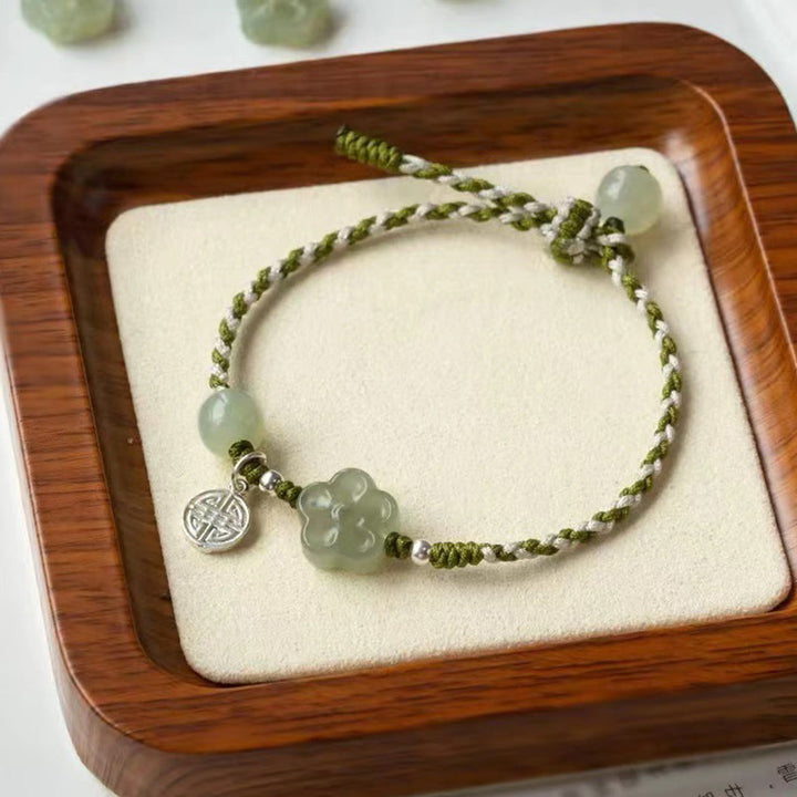 Buddha Stones Handmade Plum Blossom Flower Jade Luck Prosperity Braided Bracelet