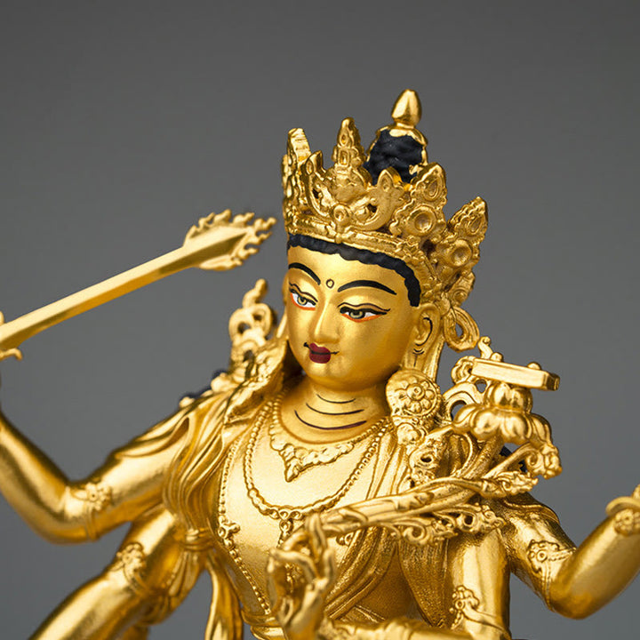 Four-armed Manjusri Bodhisattva Gold Figurine Compassion Serenity Copper Statue Home Decoration