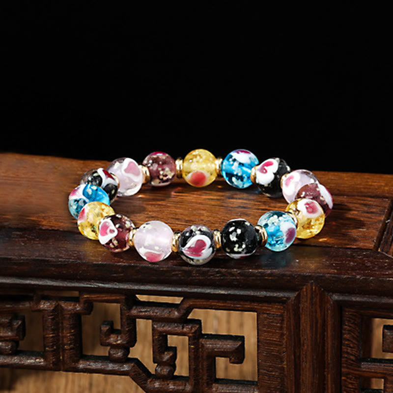 Buddha Stones Gold Swallowing Beast Family Pink Love Heart Luminous Fluorescent Liuli Glass Bead Bracelet