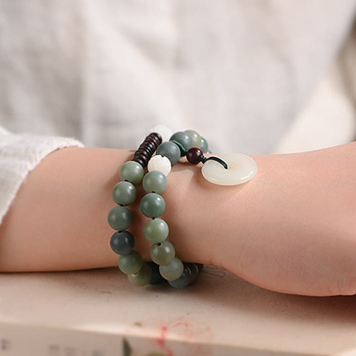 Cyan Bodhi Seed Lotus Jade Peace Buckle Wisdom Double Wrap Bracelet