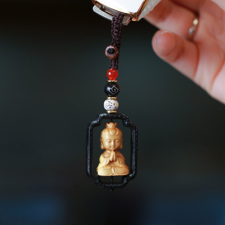 Buddha Stones Avalokitesvara Kwan Yin Bodhisattva Buddha Wealth Boxwood Key Chain