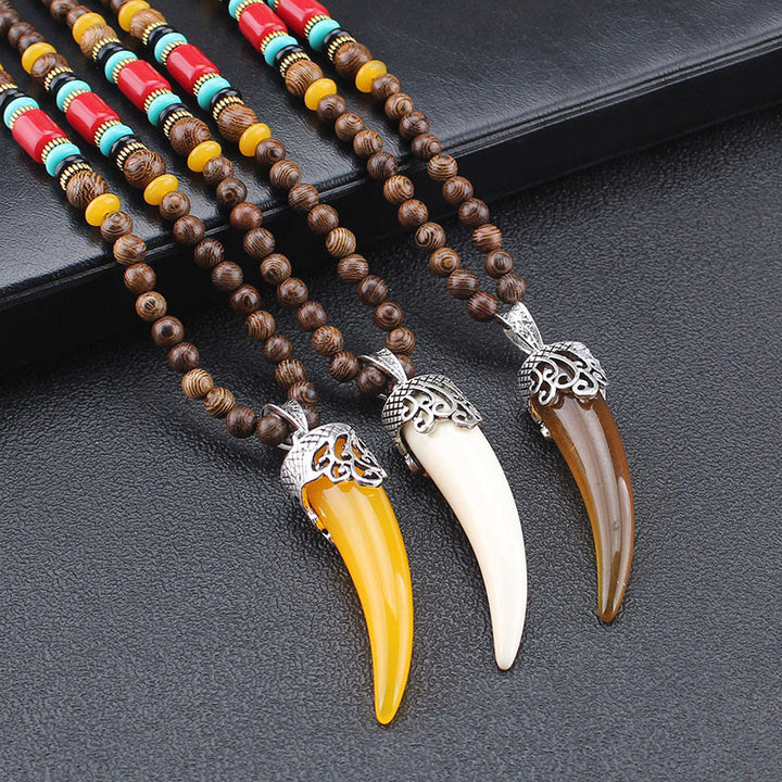 Wenge Wood Turquoise Stone Horn Style Protection Meditation Necklace Pendant