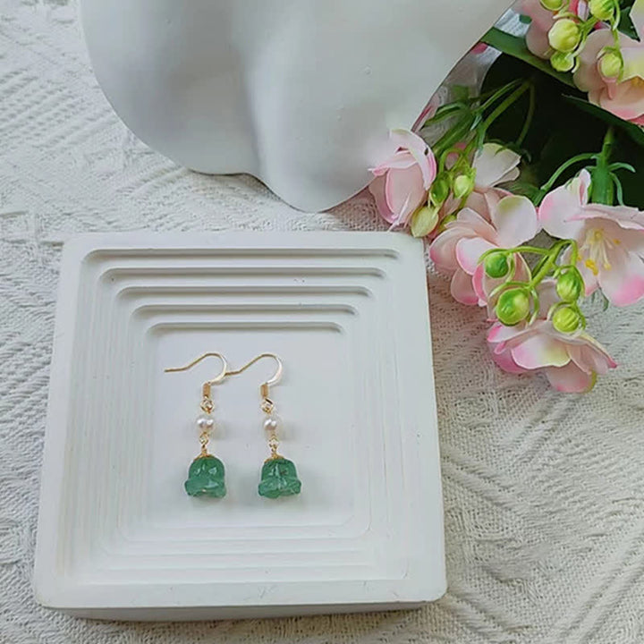 Buddha Stones Lily of The Valley Natural Green Aventurine 14K Gold Plated Luck Pearl Drop Dangle Floral Earrings