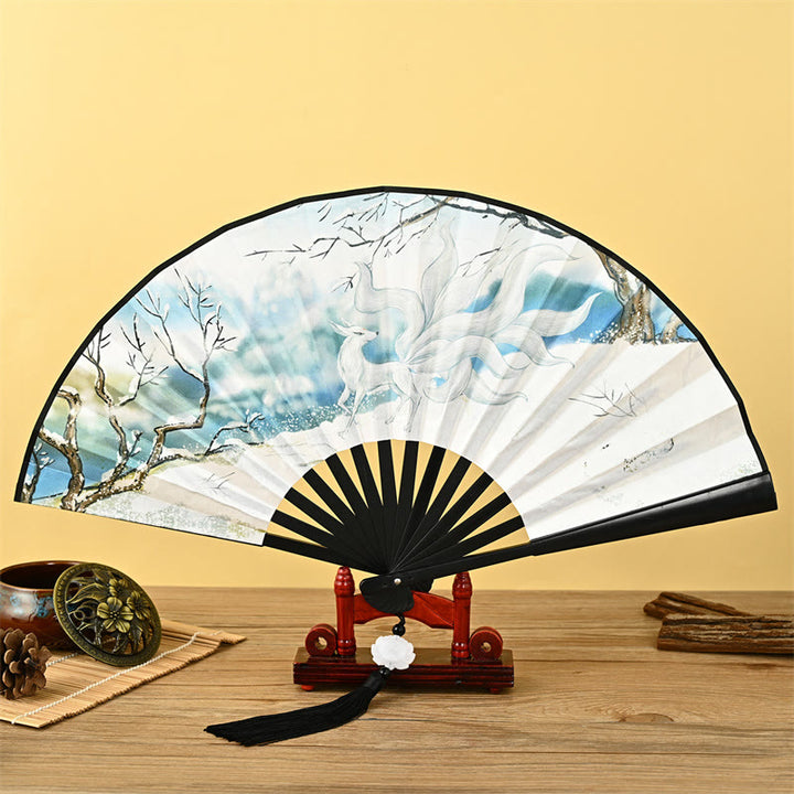 Buddha Stones Vintage Phoenix Nine-Tailed Fox Flower Bamboo Tiger Handheld Folding Fan Lotus Tassel Fan