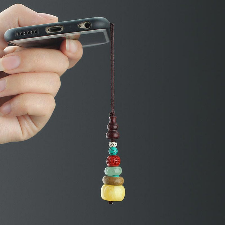 Green Sandalwood Ebony Wood Gourd Seven Layer Pagoda Positive Phone Hanging Decoration