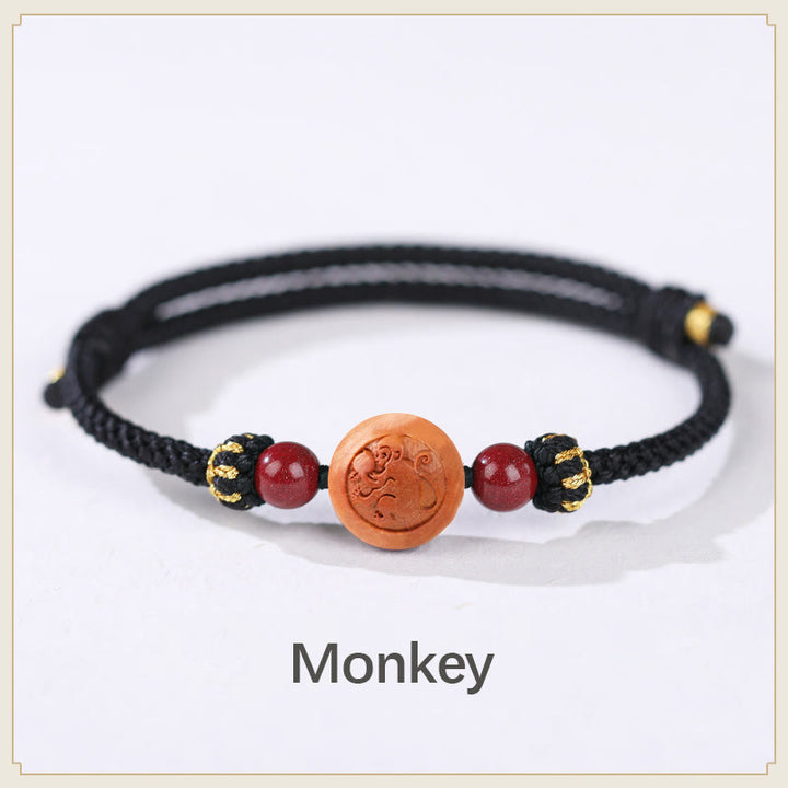 Buddha Stones Natural Peach Wood Chinese Zodiac Fu Character Carved Cinnabar Wealth Bracelet