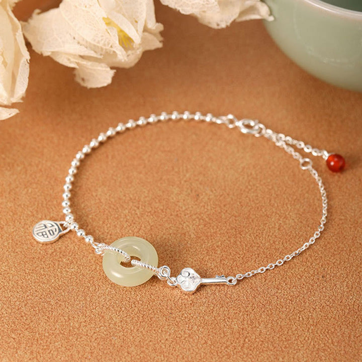 Buddha Stones 925 Sterling Silver Hetian Jade Peace Buckle Fu Character Luck Chain Bracelet