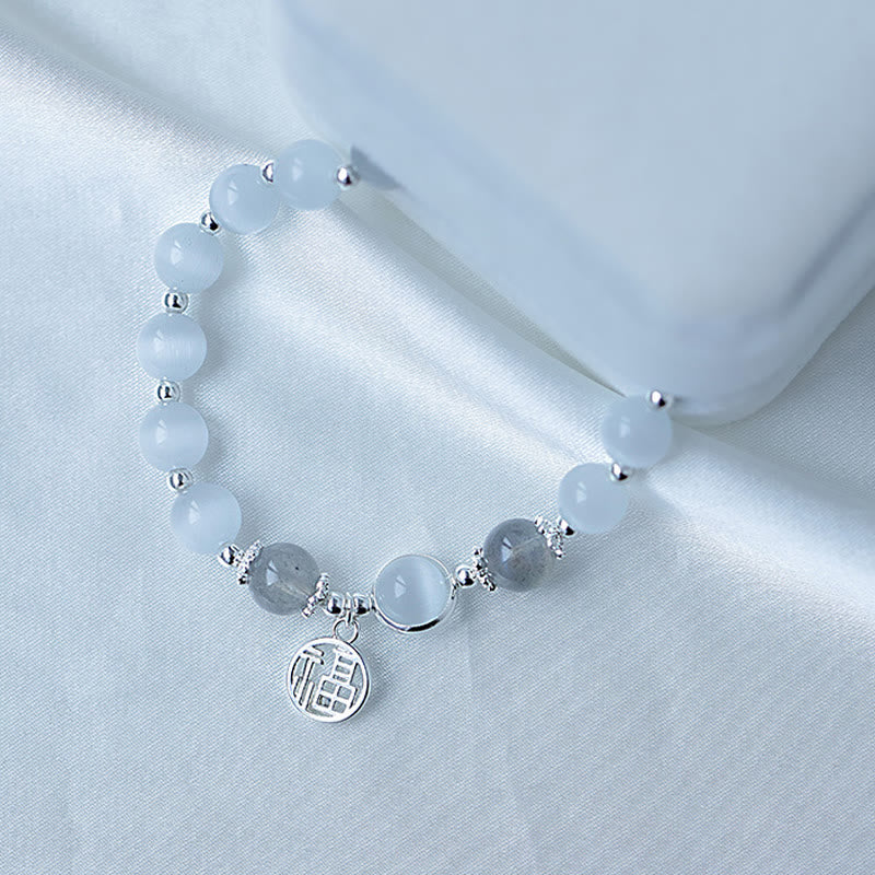 Buddha Stones Cat's Eye Moonstone Fu Character Ball Charm Support Bracelet