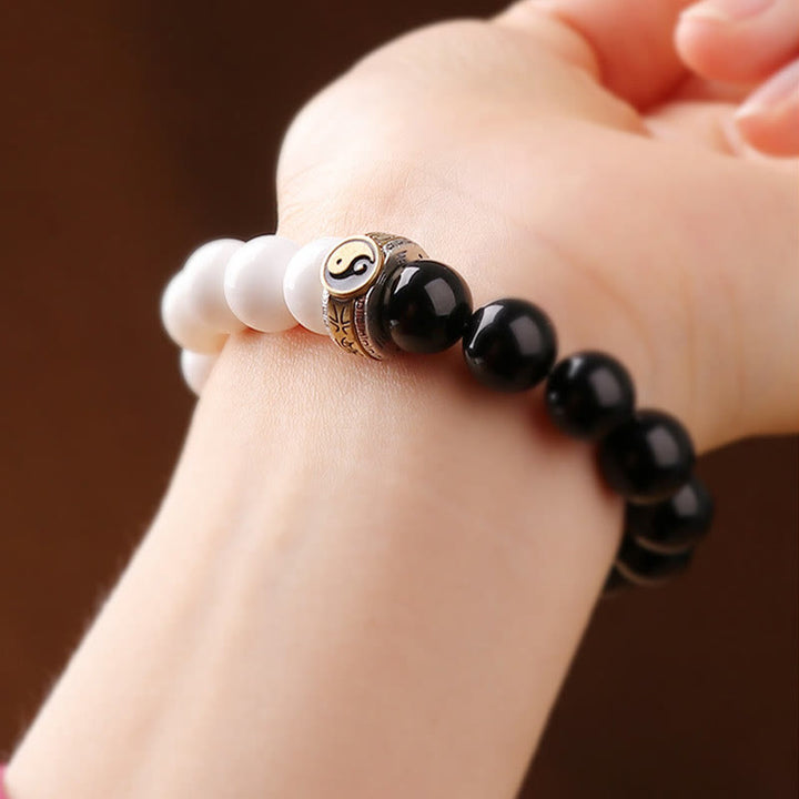 Buddha Stones 925 Sterling Silver Black Obsidian White Shell Yin Yang Strength Bracelet