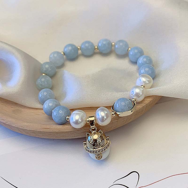 Buddha Stones Aquamarine Pearl Peace Healing Lucky Cat Charm Bracelet