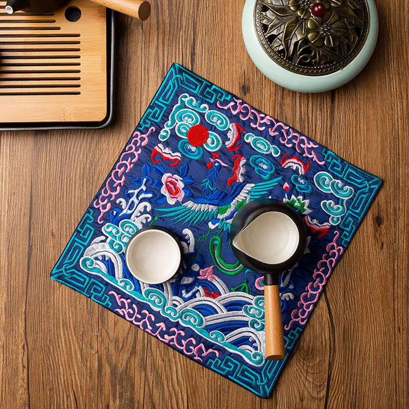 Buddha Stones Phoenix Dragon Kirin Embroidery Cup Mat Pad Tea Cup Coaster Kung Fu Tea Mat