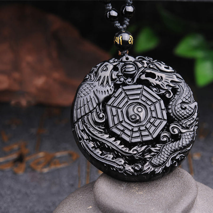 Buddha Stones Bagua Dragon Phoenix Obsidian Fulfilment Pendant Necklace