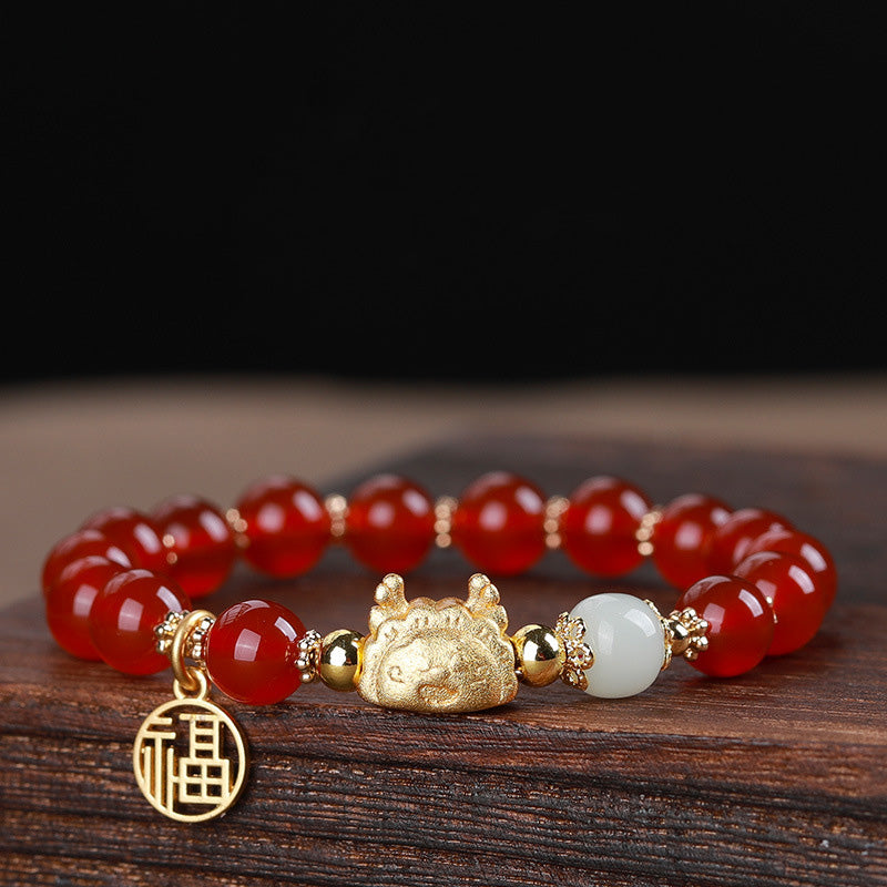 Buddha Stones Year Of The Dragon Red Agate Gray Agate Dumpling Luck Fu Character Bracelet