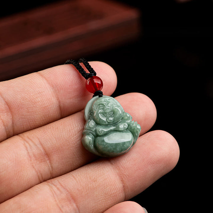 Buddha Stones Natural Green Jade Laughing Buddha Luck Abundance Necklace Pendant