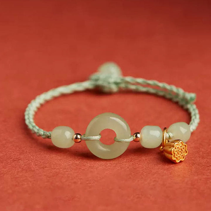 Buddha Stones Round Peace Buckle Jade Lotus Happiness Abundance Wealth String Bracelet