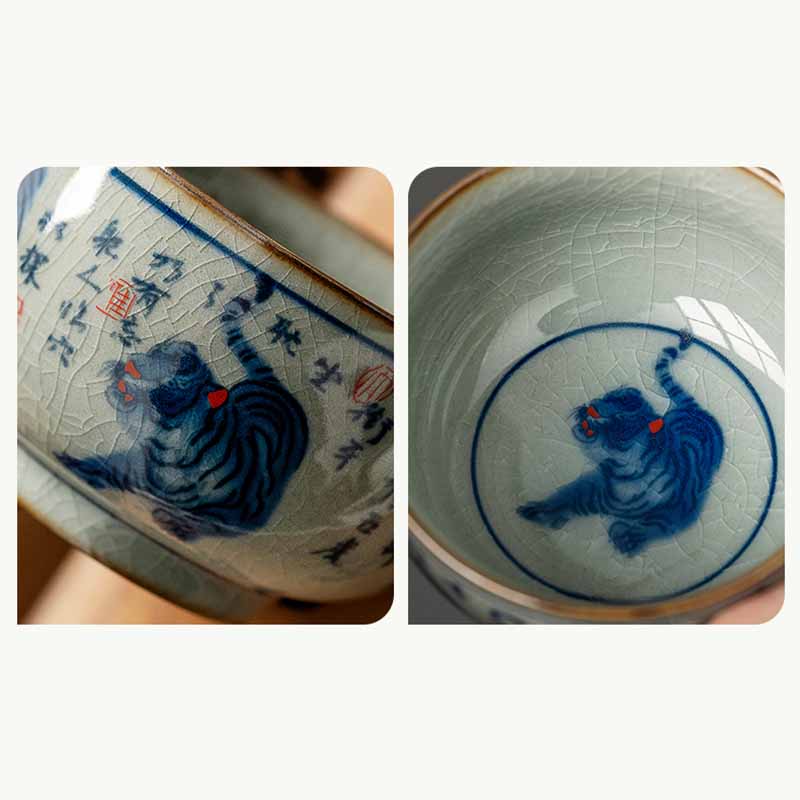 Buddha Stones Jingdezhen Hand Painted Cute Tiger Ceramic Teacup Kung Fu Tea Cup Bowl 140ml