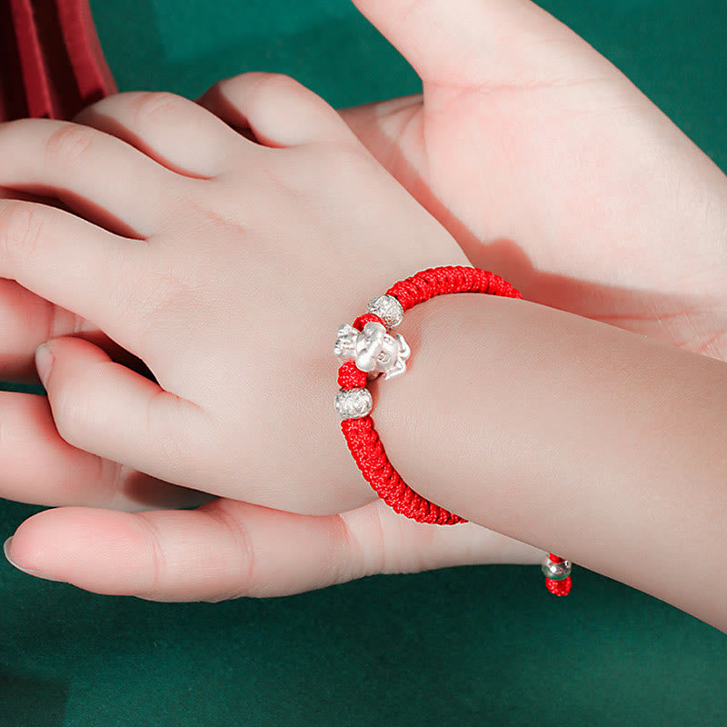 Buddha Stones 999 Sterling Silver Chinese Zodiac Red Rope Luck Handcrafted Kids Bracelet