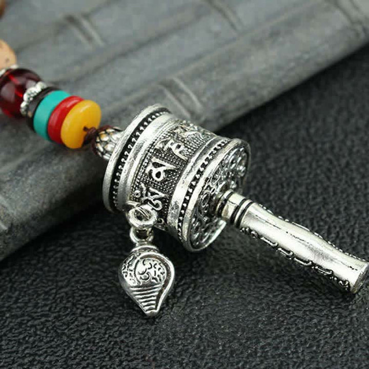 Buddha Stones Tibetan Om Mani Padme Hum Prayer Wheel Rotation Vajra Wood Necklace Pendant