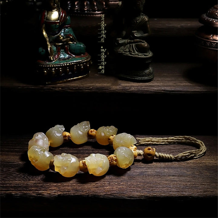 Buddha Stones Handmade Tibetan Sheep Horn Skull The Lord of the Corpse Forest Yak Bone Engraved Luck Bracelet