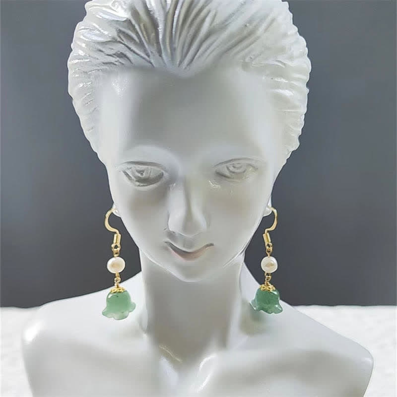 Buddha Stones Lily of The Valley Natural Green Aventurine 14K Gold Plated Luck Pearl Drop Dangle Floral Earrings