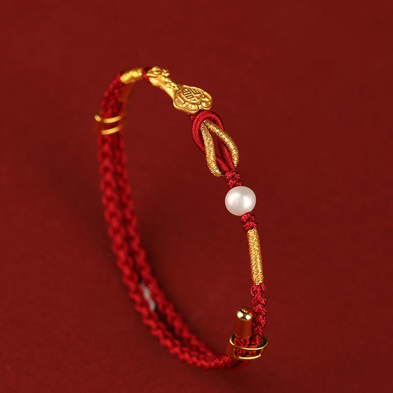 Buddha Stones 24K Gold Wish Ruyi Handle Fu Character Rabbit Pearl Luck Braided Bracelet