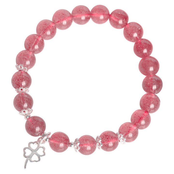 Buddha Stones 925 Sterling Silver Strawberry Quartz Four Leaf Clover Love Bracelet