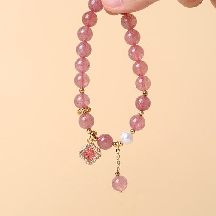 Buddha Stones Strawberry Quartz Pearl Four Leaf Clover Charm Healing Bracelet