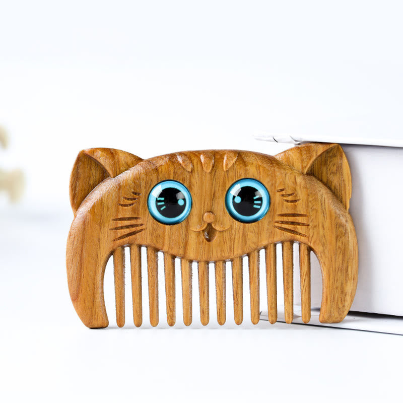 Simple Cat Pattern Green Sandalwood Cure Portable Comb