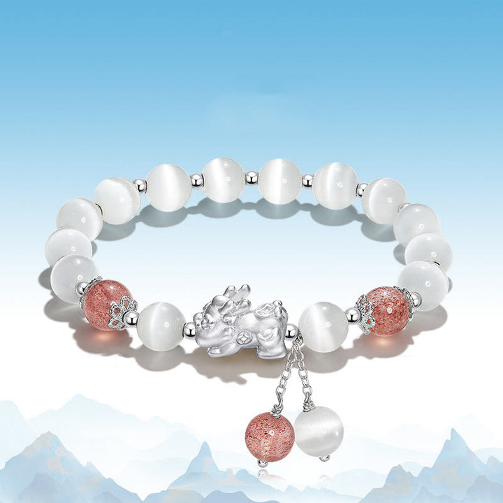 Buddha Stones Natural Cat's Eye Moonstone Strawberry Quartz PiXiu Support Bracelet