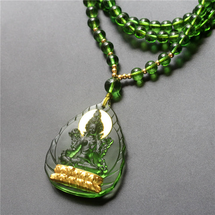 Buddha Stones Tibetan Green Tara Buddha Gold Plated Liuli Crystal Protection Necklace Pendant