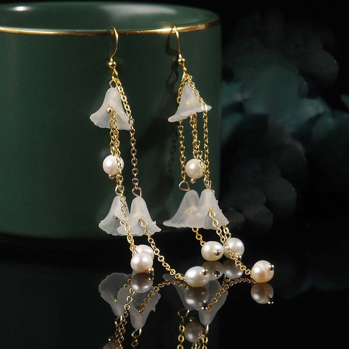 Buddha Stones Pearl Flower Petals Luck Drop Earrings