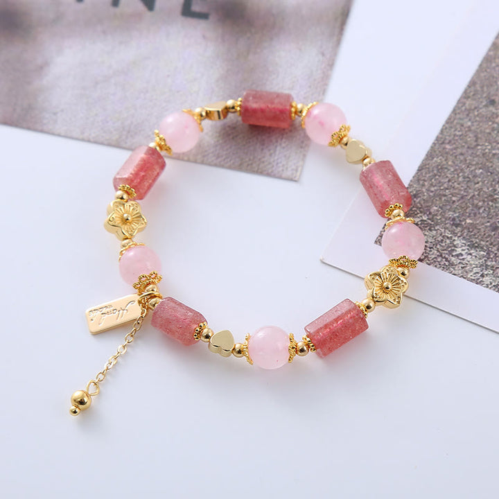 Buddha Stones Strawberry Quartz Pink Crystal Love Heart Flower Positive Bracelet