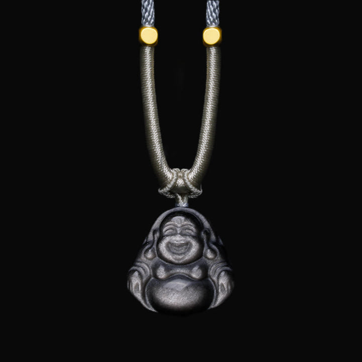 Buddha Stones Natural Silver Sheen Obsidian Laughing Buddha Protection Necklace Pendant