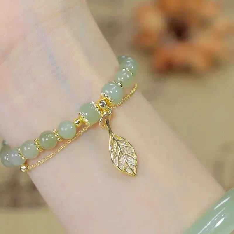 Buddha Stones Jade Leaf Ginkgo Tulip Peanut Fu Character Luck Beaded Bracelet