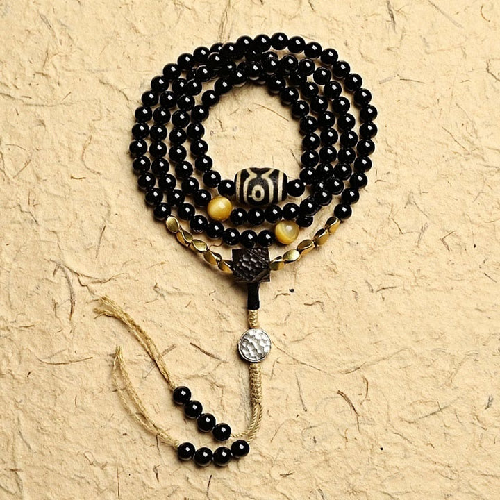 Tibetan 108 Mala Beads Black Onyx Three-eyed Dzi Beads Protection Bracelet