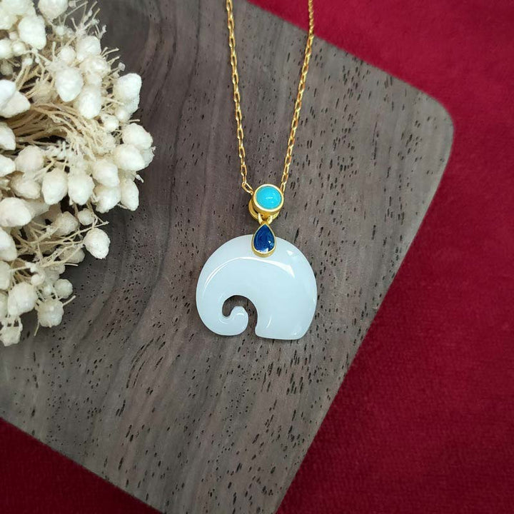 Buddha Stones White Jade Elephant Luck Fortune Necklace Pendant