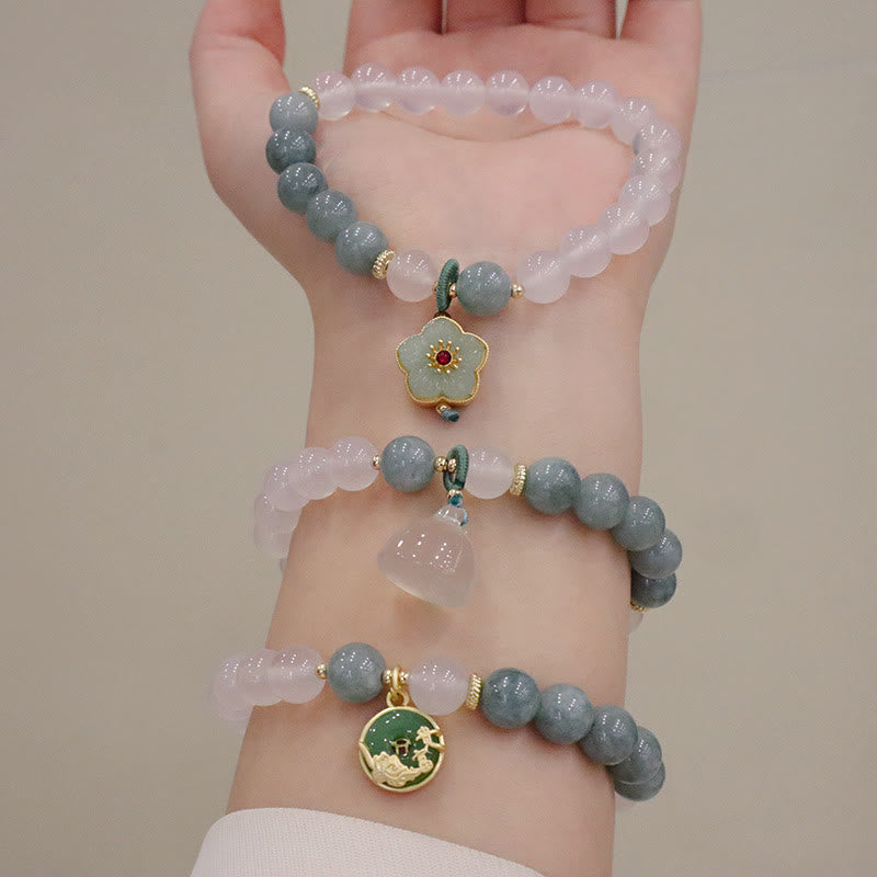 Buddha Stones White Agate Jade Lotus Flower Peace Buckle Protection Bracelet