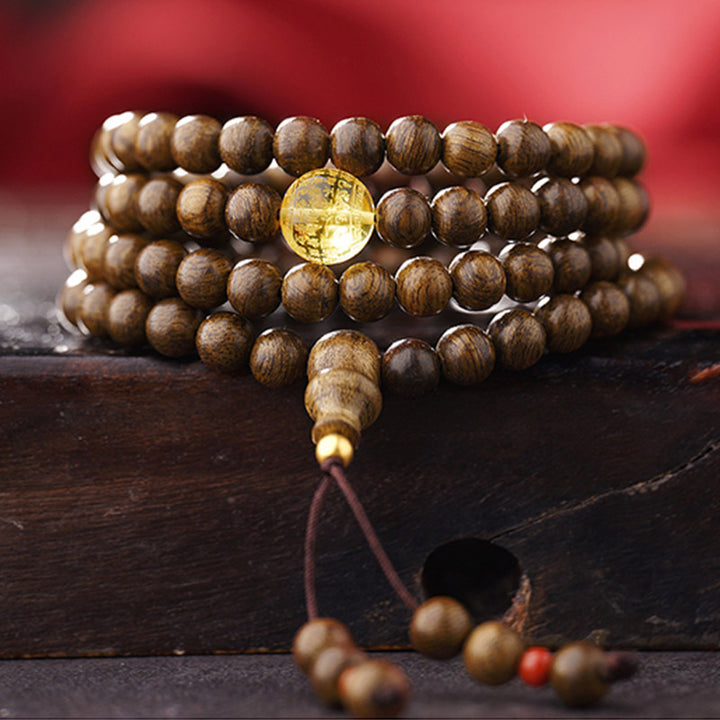 Buddha Stones 108 Mala Beads 999 Gold Brunei Agarwood Heart Sutra Amber Red Agate Strength Meditation Bracelet