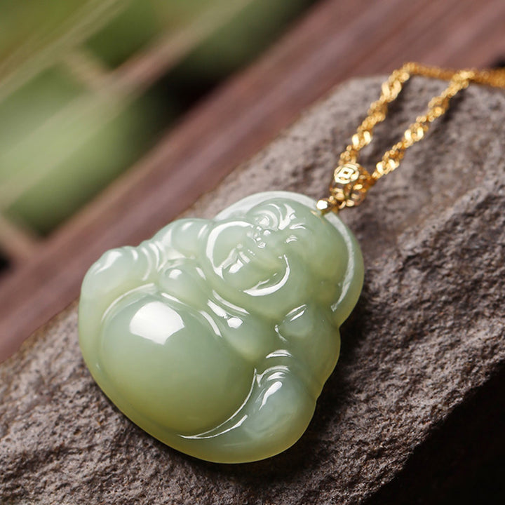 Buddha Stones 925 Sterling Silver Laughing Buddha Cyan Jade 18K Gold Success Necklace Pendant