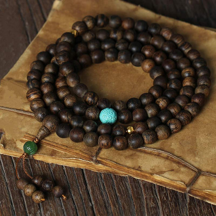 Buddha Stones 108 Mala Beads Nha Trang Agarwood Turquoise Prayer Meditation Bracelet Mala