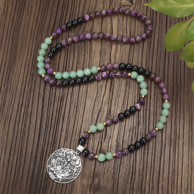 Buddha Stones 108 Mala Beads Amethyst Green Aventurine Lotus Meditation Bracelet