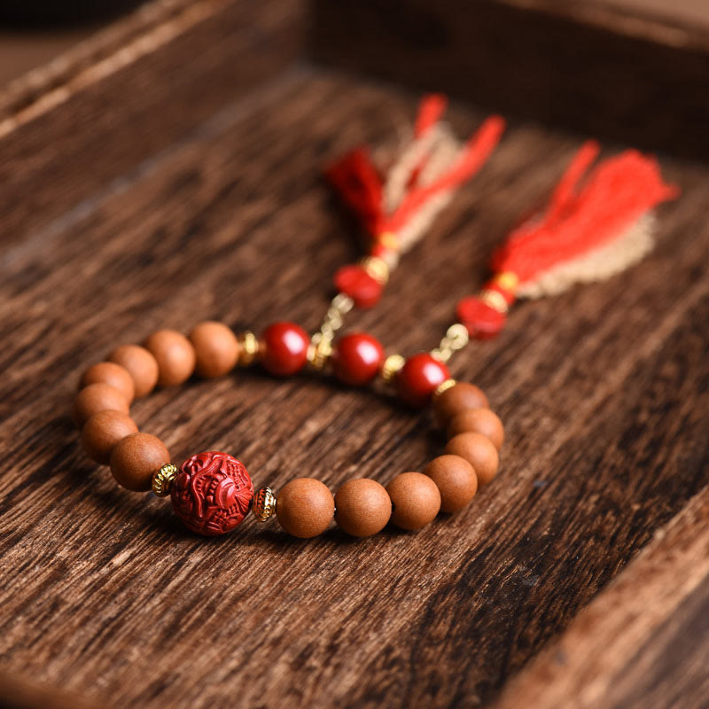 Buddha Stones Tibetan Natural Peach Wood Cinnabar PiXiu Wealth Tassels Bracelet