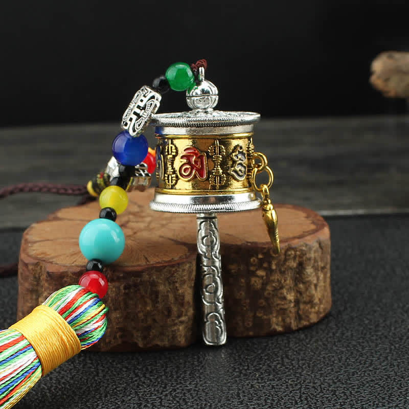 Tibet Om Mani Padme Hum Prayer Wheel Tassel Bag Car Hanging Decoration