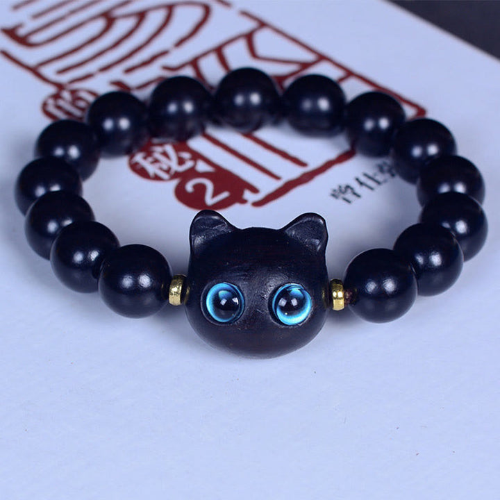 Buddha Stones Ebony Wood Liuli Glass Lovely Cat Peace Balance Bracelet