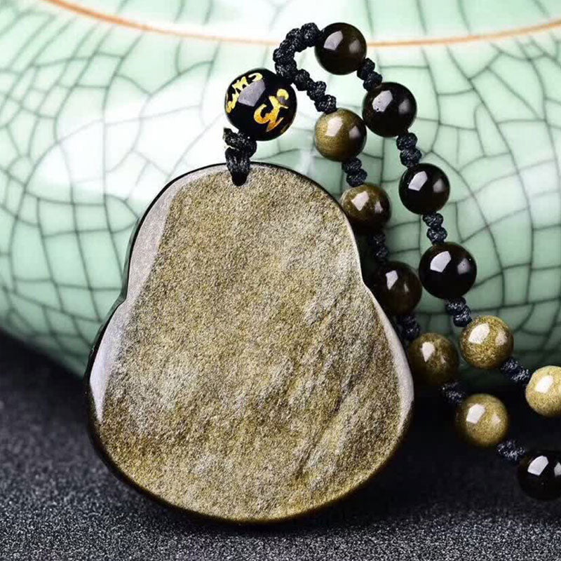 Buddha Stones Laughing Buddha Gold Sheen Obsidian Wealth Necklace Pendant